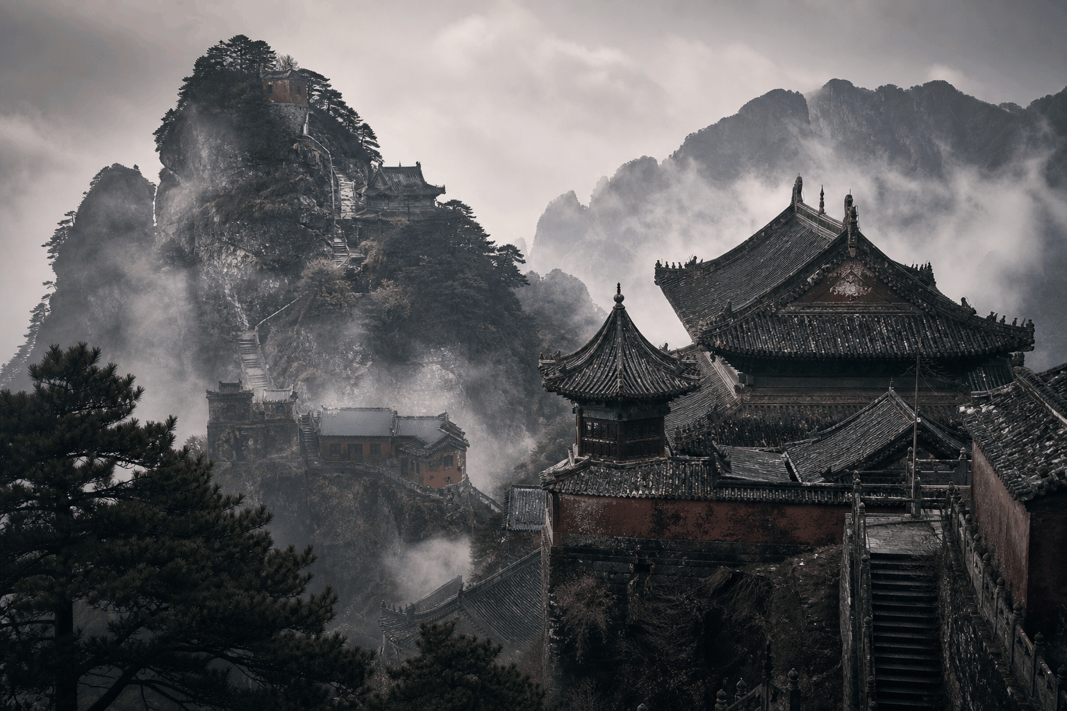 Taoist mountain temple in mist for Taoist China sacred landscape tour